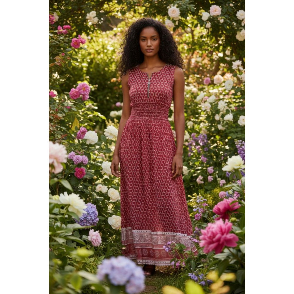Women's beautiful Red & White Patterned Sleeveless Maxi Dress S boho style